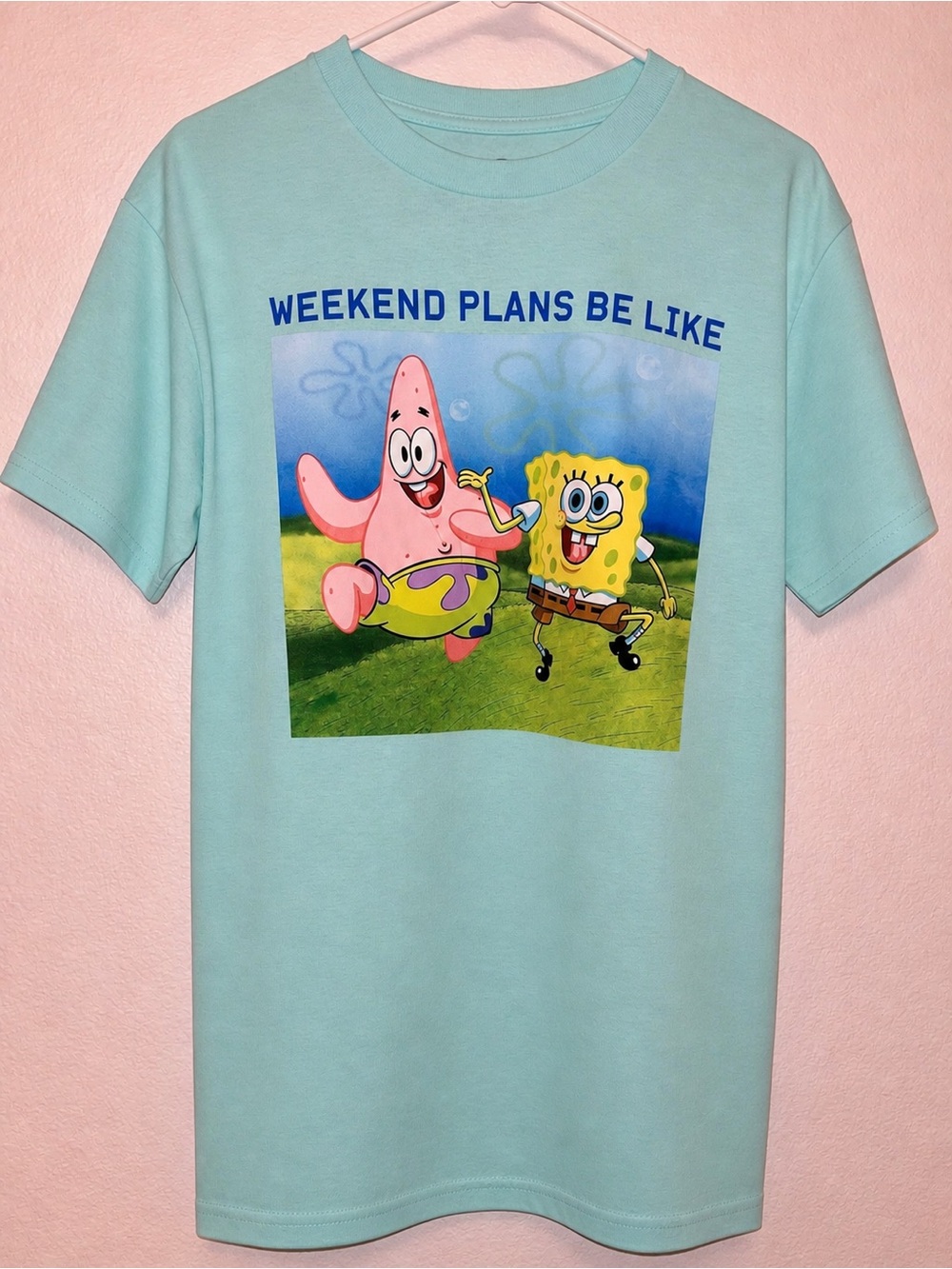 SpongeBob Weekend Plans Graphic Tee Blue Funny Cartoon Shirt Medium